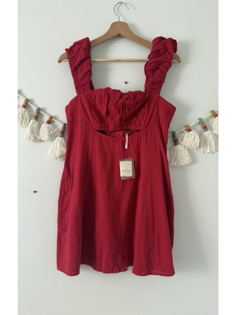Free People Bom Bom Island Linen Blend Mini Dress Red Ruched Milkmaid Dainty NWT